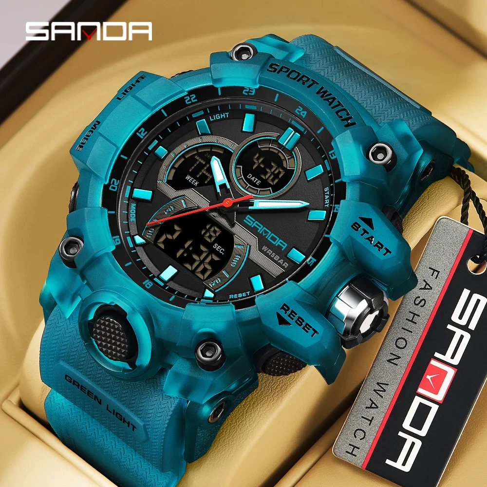 SANDA 6198 Fashionable Cool Night Light Dual Screen Multi functional Outdoor Sports Waterproof Men’s Electronic Watch