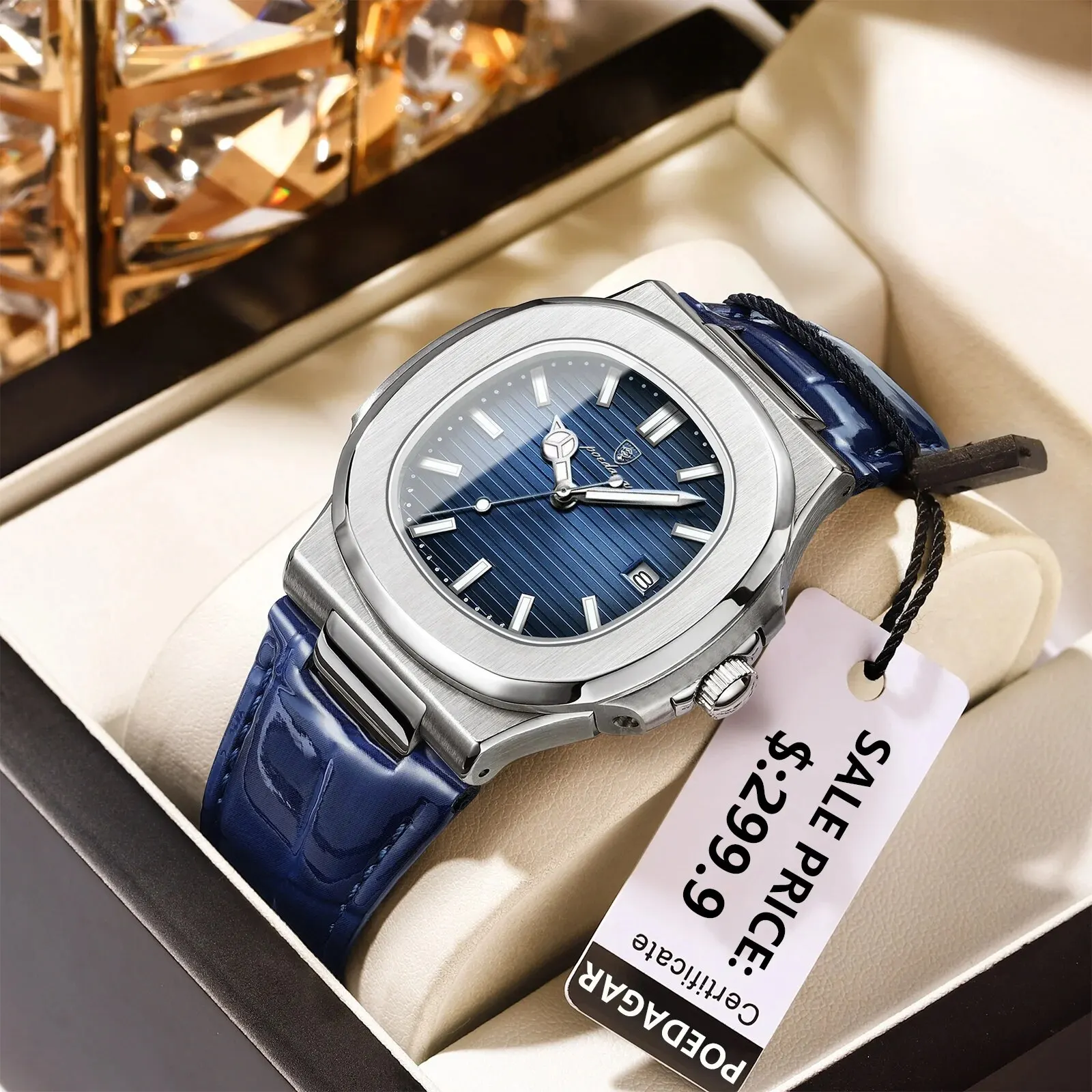 POEDAGAR Top Luxury Square Man Watch Date Waterproof Luminous Men Wristwatch High Quality Leather Men’s Quartz Watches+Box Reloj