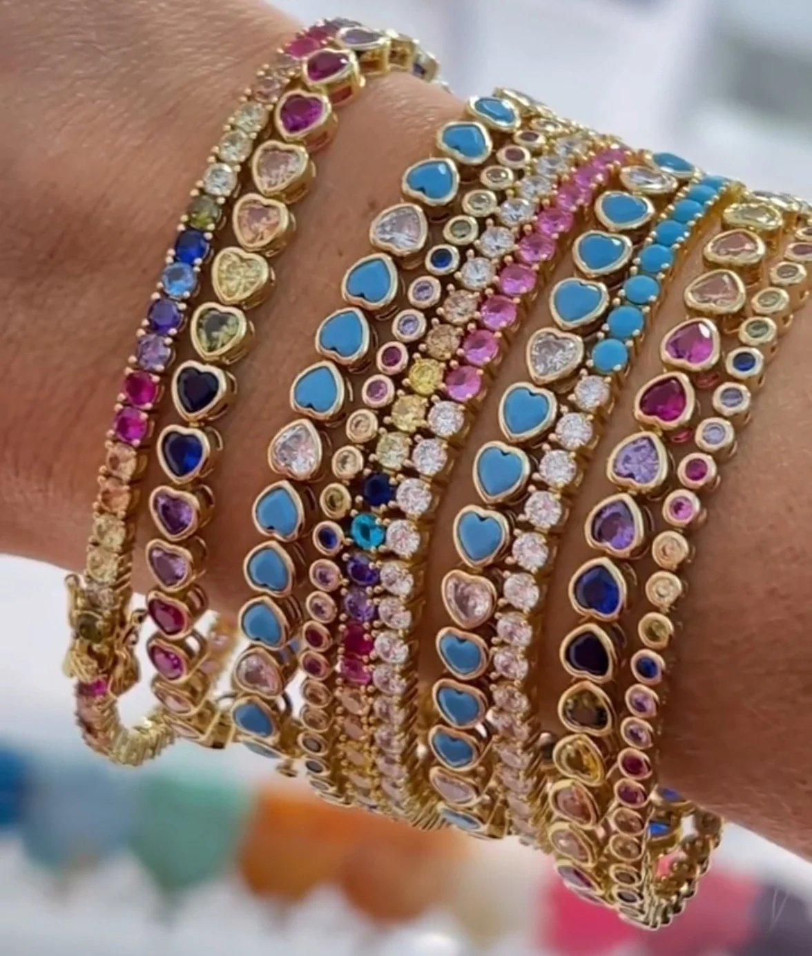 Summer Hot Selling Gold Plated White CZ Blue Turquoises Heart Shaped Tennis Chain Bracelet For Women Fashion