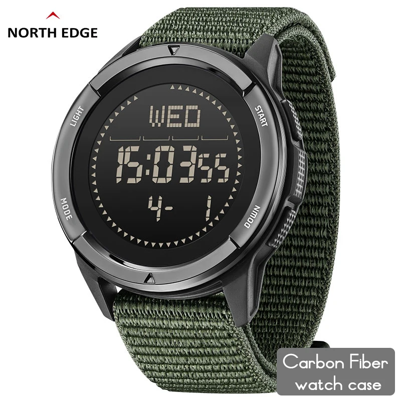 NORTH EDGE ALPS Men’s Digital Carbon fiber Watch Shock Militray Sports Super Light Outdoor Compass Waterproof 50M Wristwatches