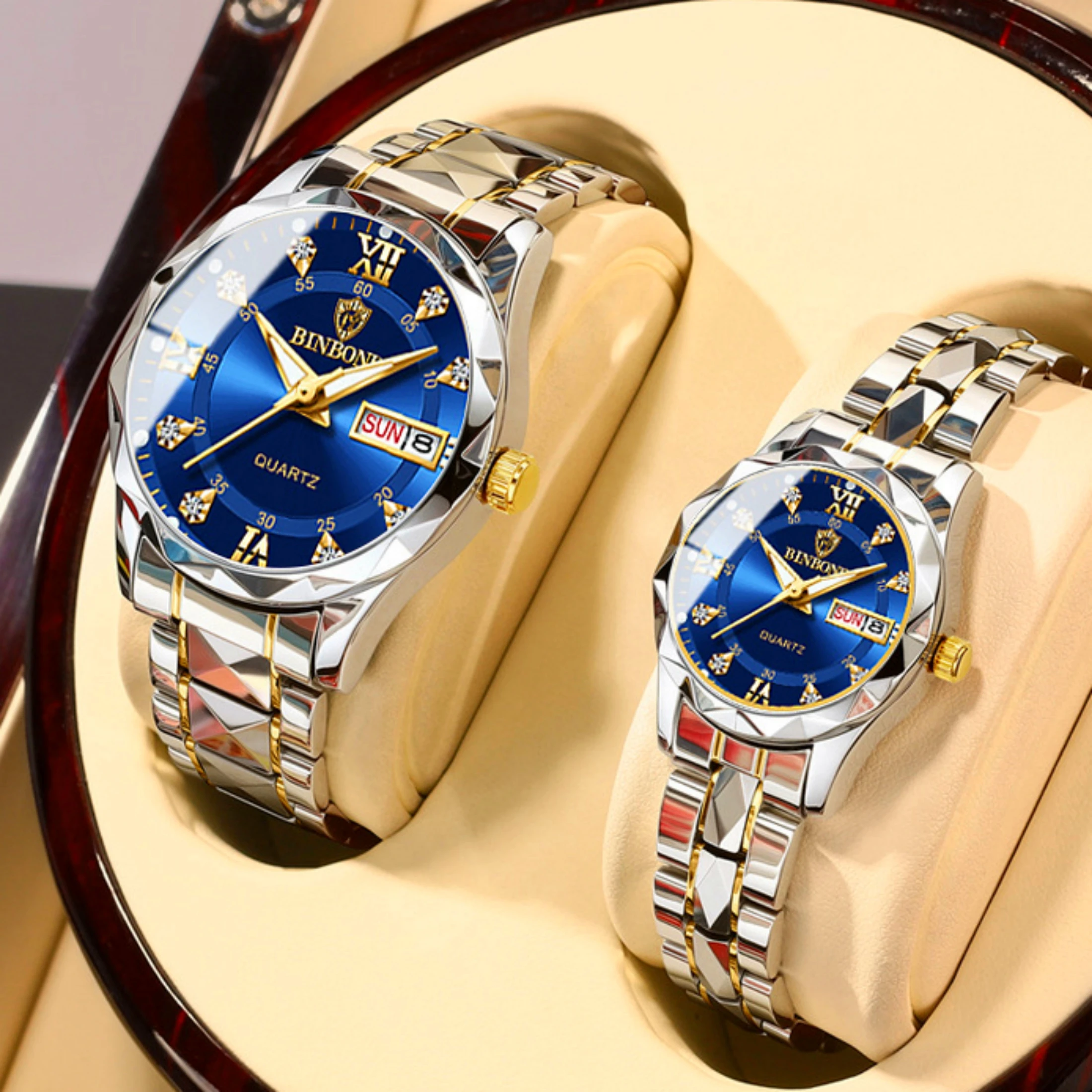 2pcs/set Couple Watches 30M Waterproof Fashion Valentine’s Day Gift Stainless Steel Crystal Watch Men Women Quartz Watch 2521