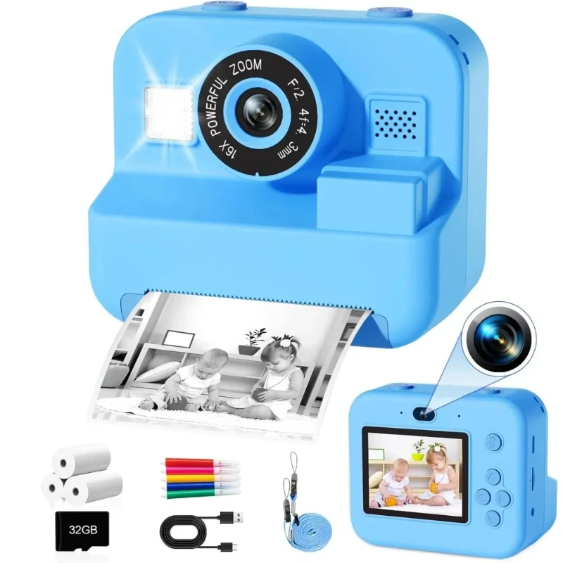 Children’s Digital Instant Print Camera with 32G Memory Card Color Pen Roll Photo Paper Children’s Education Development Gift