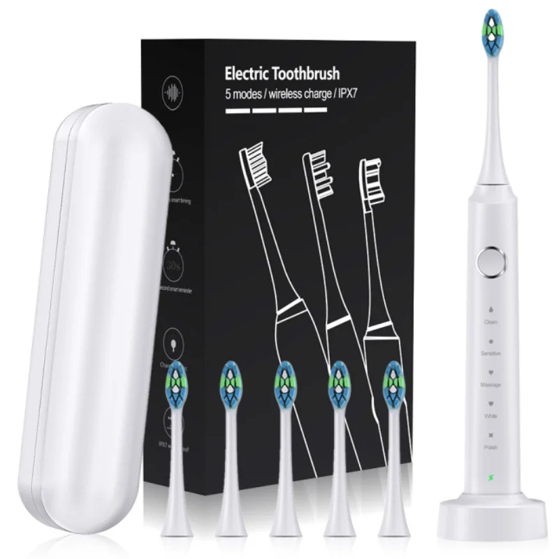 Electric Toothbrush Rechargeable Dental Electric Brush Automatic Ultrasonic Toothbrush with 6 Brush Heads 5 Modes for Adults