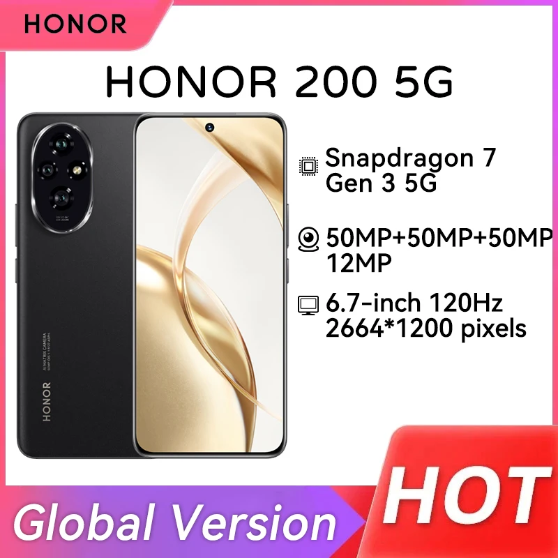NEW HONOR 200 Global Version 5G Smartphone 50MP Camera Snapdragon 7 Gen 3 6.7” AMOLED Display Support HONOR 100W SuperCharge