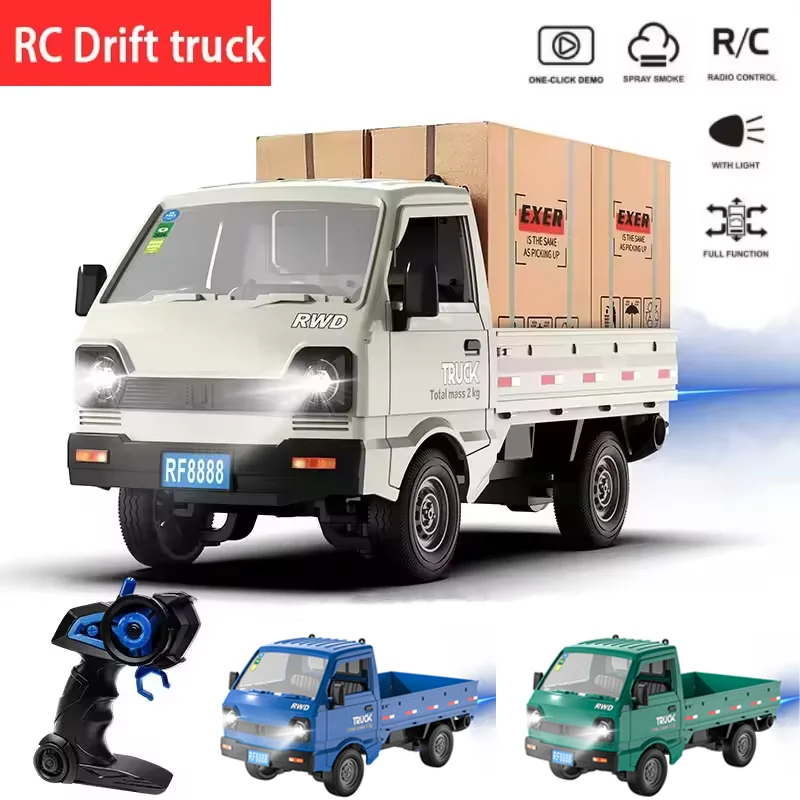 New RC Cars KF21 1/16 Scale Mini Cargo Truck With Spray Lights Drift Function Remote Control Model Vehicle Toys Children’s Gifts