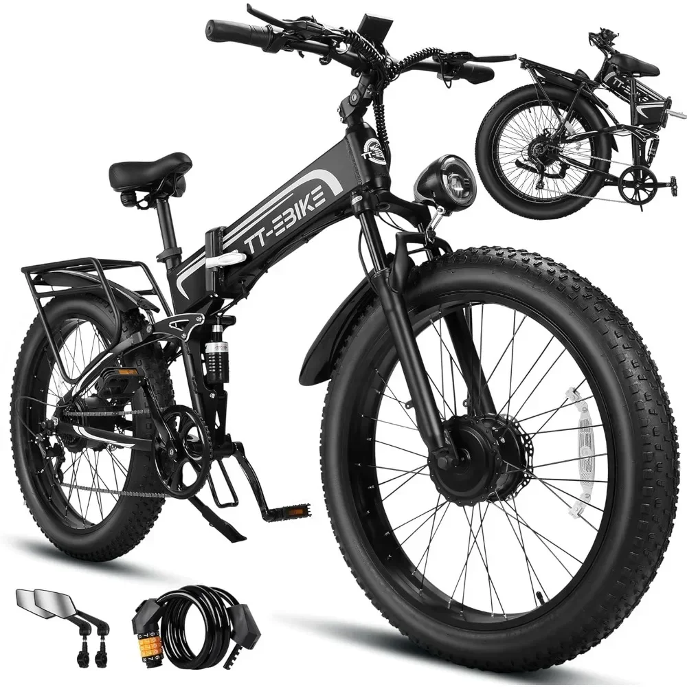 Dual 4350W Electric Bike  40 MPH with 52V 28AH Battery, 26 inch Fat Tire Mountain E Bike, Full Suspension Folding Ebike,7-Speed