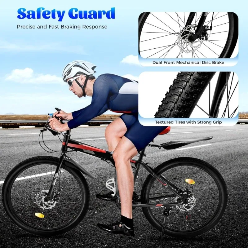 26 Inch Mountain Bike Bicycle 21 Speed Gears Spoke Wheels with Mudguards for Men and Women Adjustable Height Max 120kg