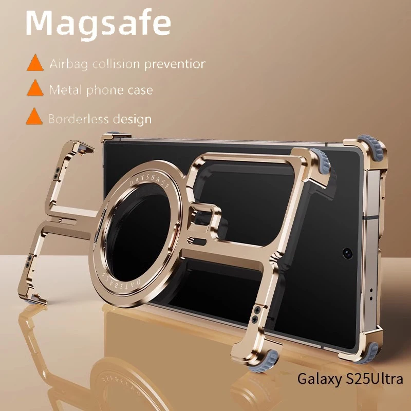Magnetic Metal Bracket Phone Case For Samsung Galaxy S23 Ultra S24 Ultra Galaxy S25 Ultra Aluminum Alloy Frameless Metal Bumper