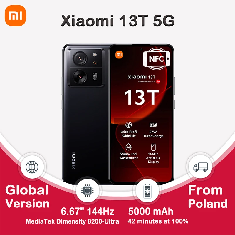 Xiaomi 13T 5G Global Version NFC Smartphone 144Hz AMOLED Disla 67W Charing 50MP Leica Camera MTK dimensionality 8200 Ult