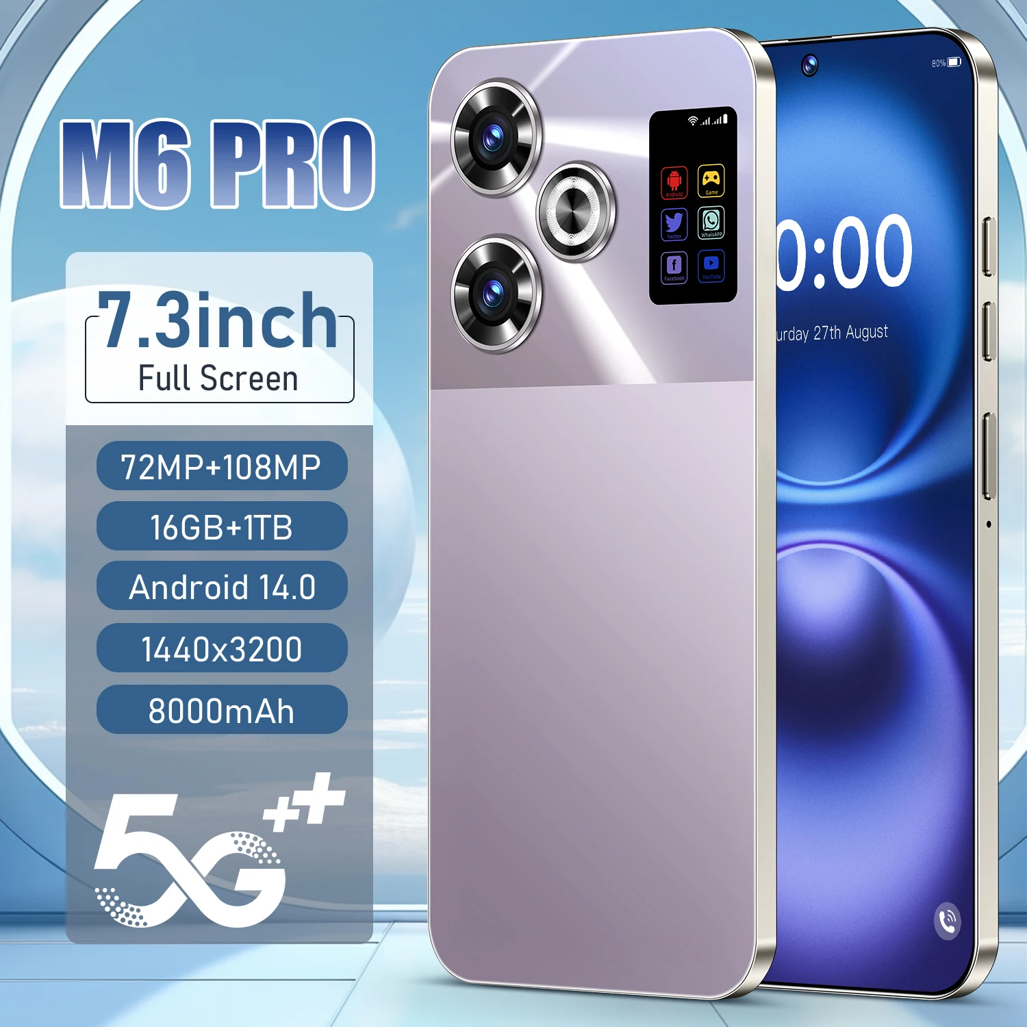 2025 Original M6 Pro Smartphone 5G 7.3Inch Android 14 22G + 2T Snapdragon 8 Gen3 Dual SIM Phone 8000mAh Unlocking Mobile Phone