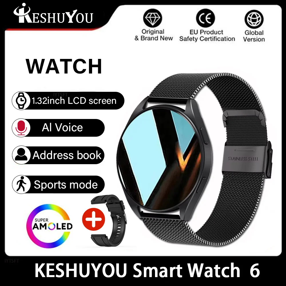 KESHUYOU 2025 New Watch 6 Smart Watch Women’s Bluetooth Call Health Monitoring Alarm Clock Men’s Fashion Sports Watch
