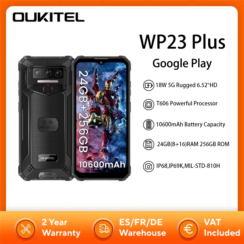 OUKITEL WP23 Plus Rugged Smartphone 24GB(8+16)RAM 256GB ROM 10600mAh Battery 6.52-inch Screen Android 14 Phone 13MP Camera NFC