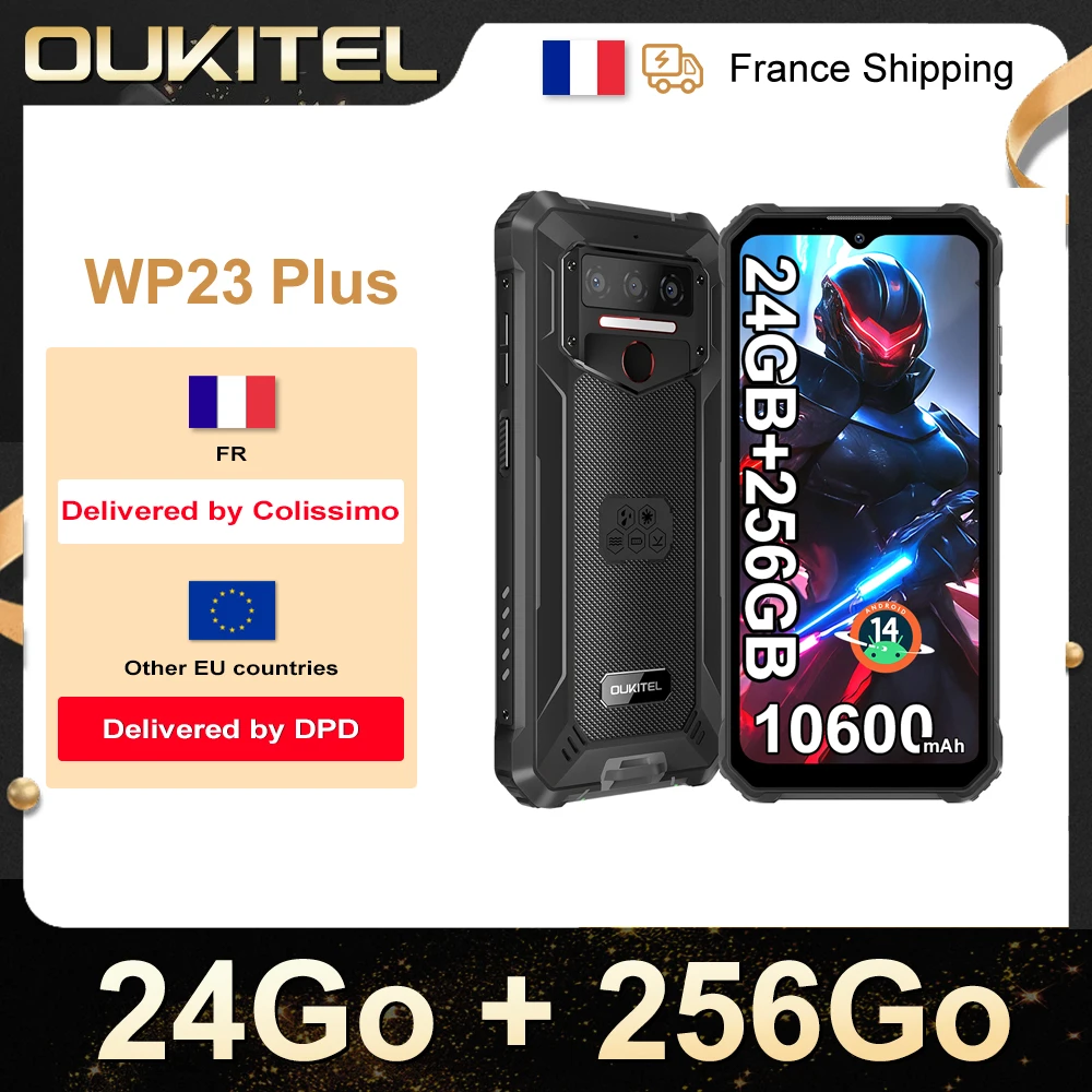 OUKITEL WP23 Plus Rugged Smartphone 10600mAh IP69K Fingerprint 24(8+16)GB + 256GB 60Hz 13MP+5MP Camera NFC 15W Android 14.0