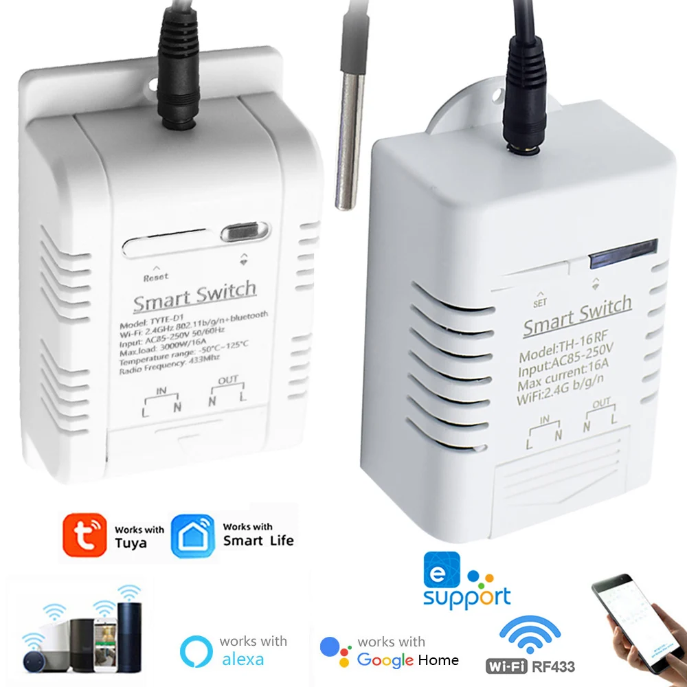 Tuya/Ewelink Smart Temperature Wifi Switch 16A 3000W Intelligent Monitoring Thermostat Compatible with Alexa Google Home