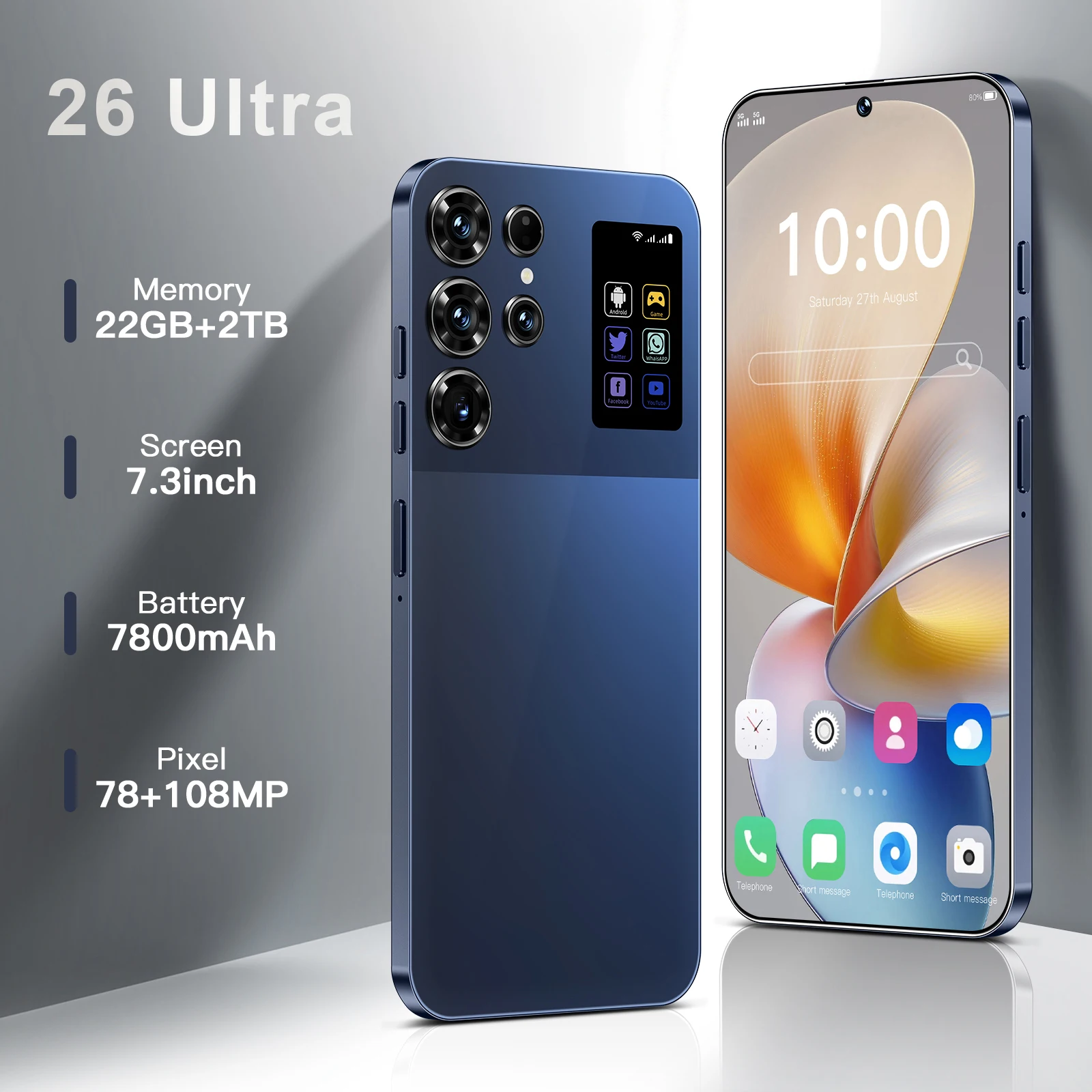 26 Ultra Smartphone 16GB 1TB 7.3-inch FHD Android 14 Snapdragon 8Gen3 Processor 7800mAh Battery 108MP Dual Camera Dual SIM Card