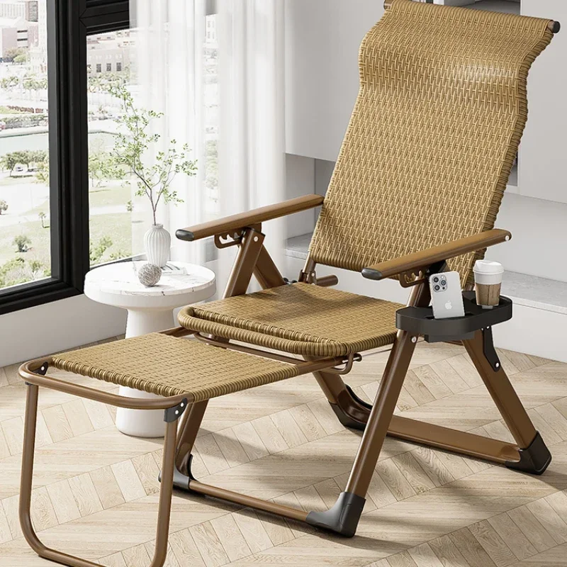 Summer Rattan Lounge Chair Balcony Folding Nap Seat Elderly Adjustable Backrest Nap Bed Casual Armchair Outdoor Relaxation Chair