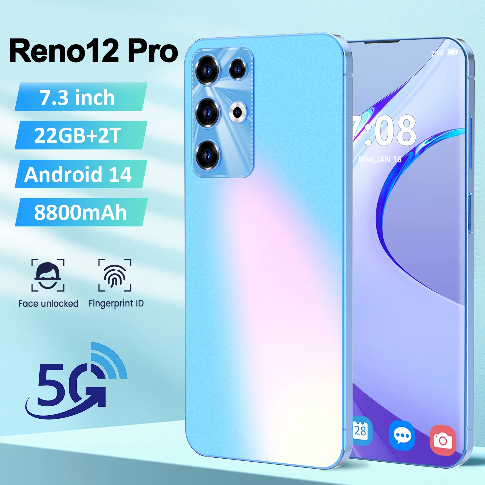 HOT Reno12 Pro Smartphone 7.3inch 22GB+2TB Global Version 8800mAh Mobile Phone Snapdragon 8gen3 Android 14 72+108MP 4G Cellphone