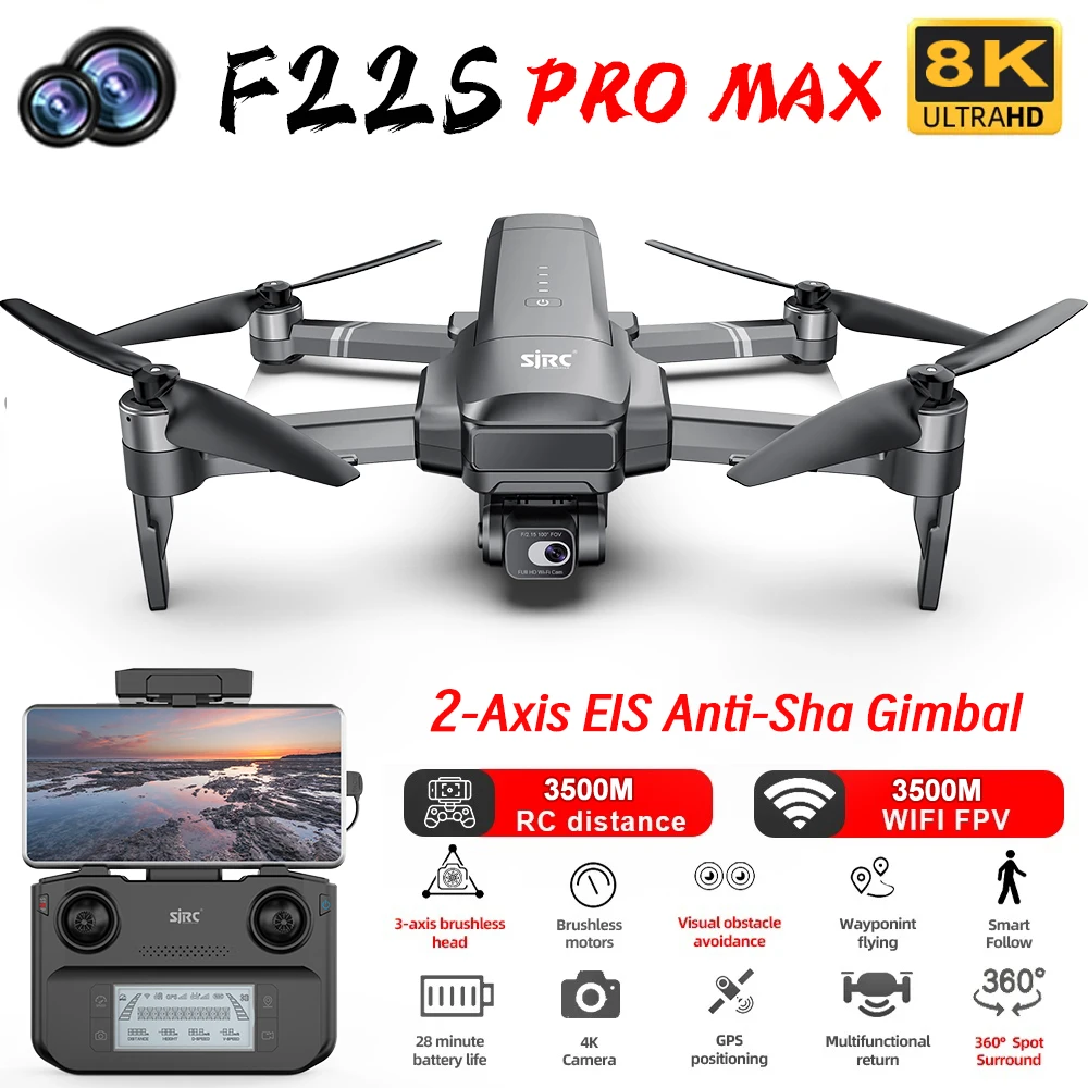 F22S 8K PRO GPS Drone with Camera FPV RC Quadcopter Obstacle Avoidance 3500M 2-axis Gimbal Brushless Professional Camera Drone