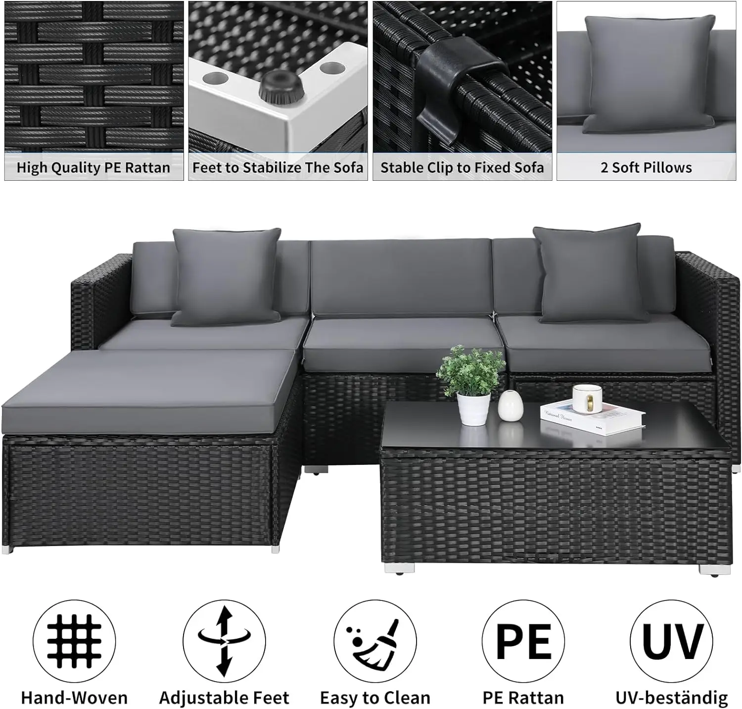 Polyrattan Lounge Sofa for 4-5 People 5PCS Outdoor Furniture Rattan Garden Corner Sofa Set Patio Coffee Table Cushions Pillows