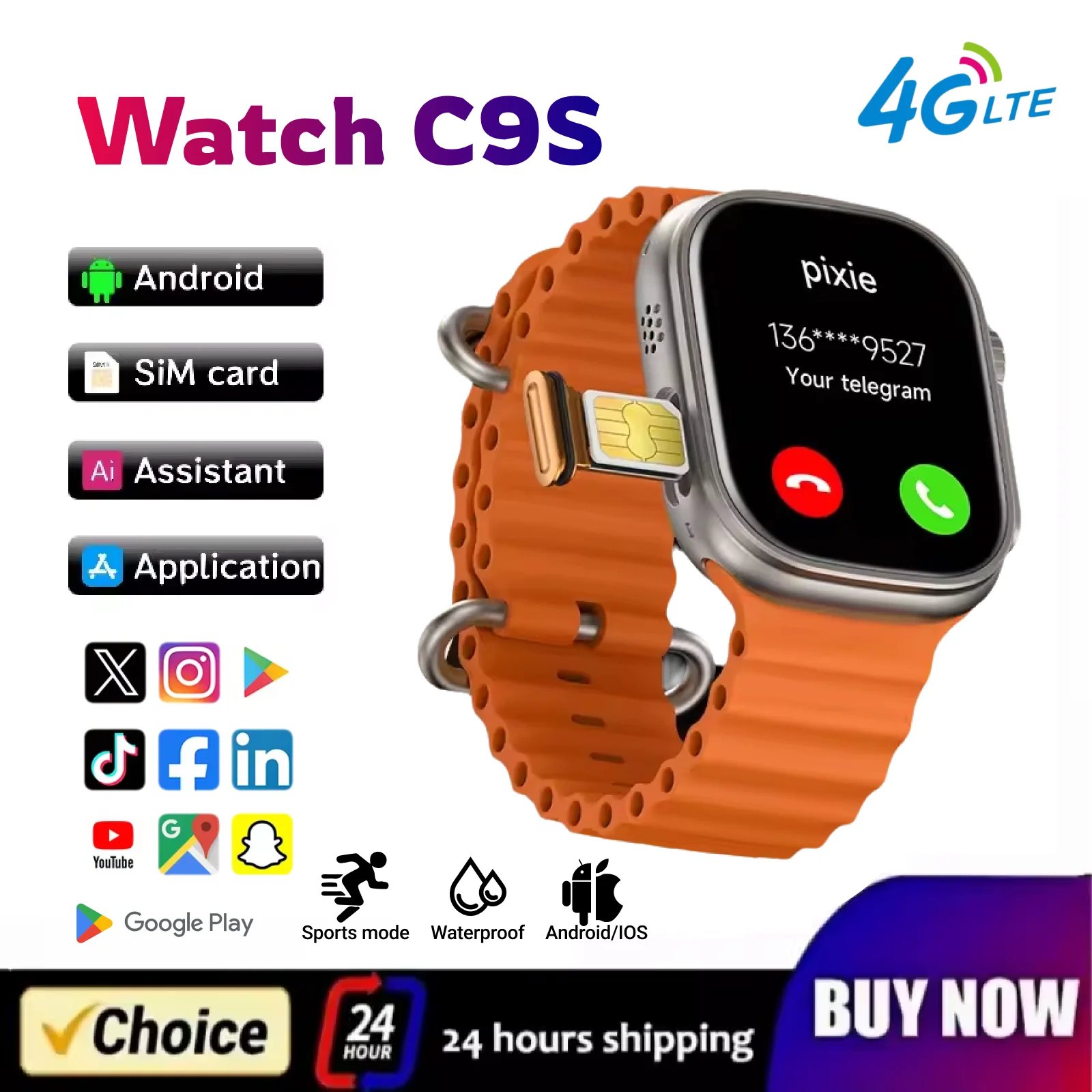 Android Smartwatch C9S 5G Network SIM Card 2.1 Inch Amoled GPS WIFI Global Call Smart Watch Men Ultra 4g SIM Card