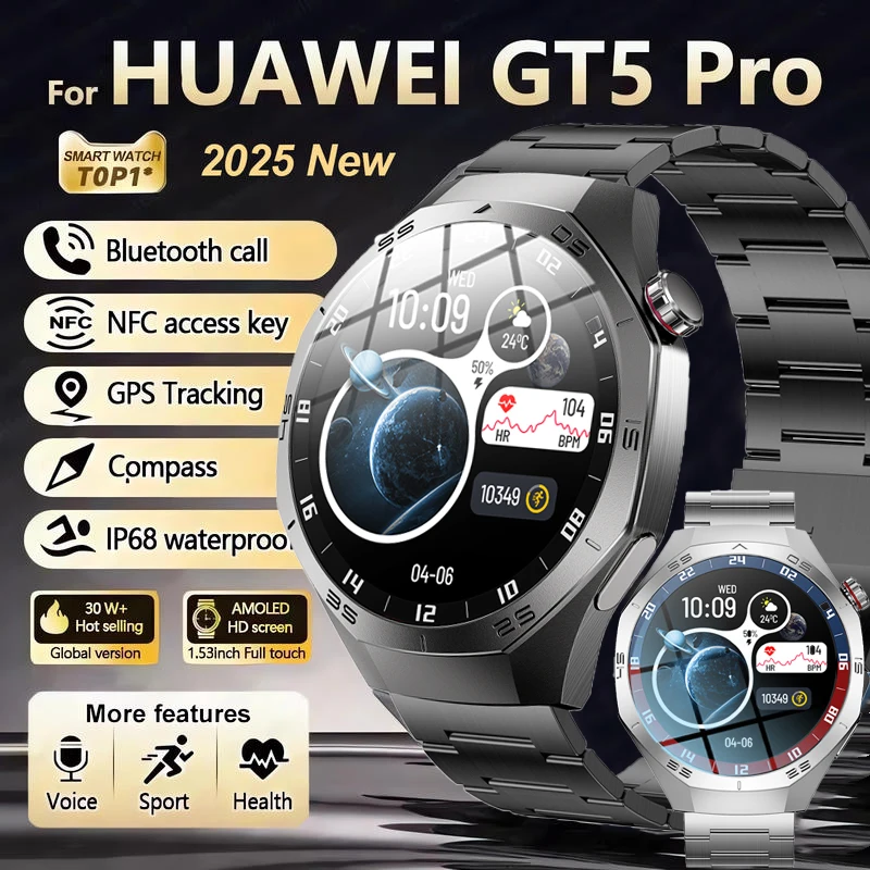 2025New For Huawei GT5 Pro Smart Watch Men HD AMOLED Screen GPS Motion trajectory HeartRate Bluetooth Call 1.52