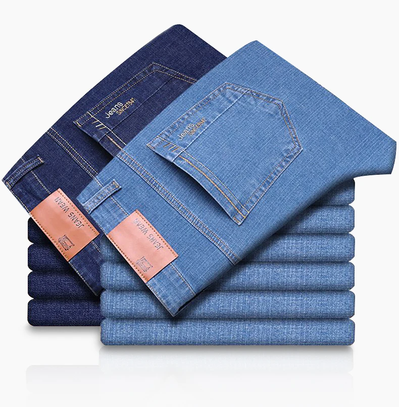 Summer Thin Men’s Elastic Cotton Jeans Fashion Blue Comfortable Business Straight Casual Pants Brand Male Clothes Trousers