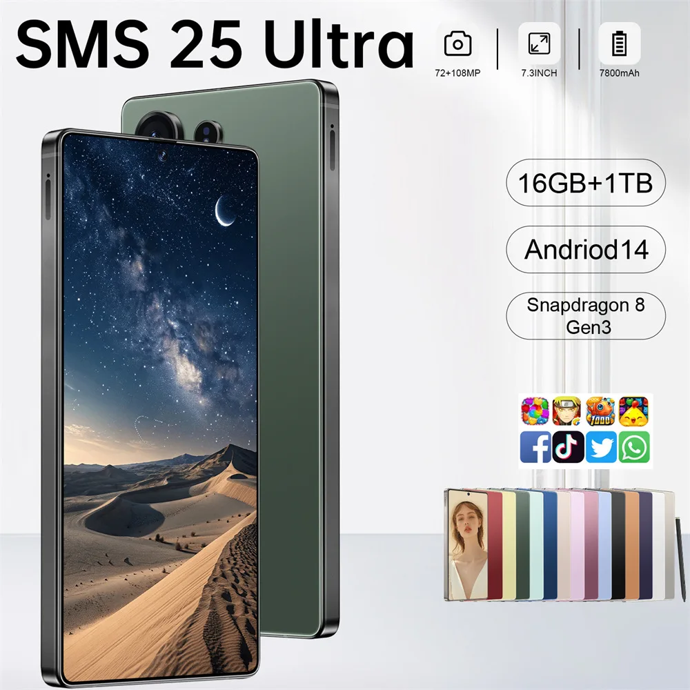 2025 SMS25 Ultra Original Smartphone 5G 7.3HD Snapdragon 8 gen3 Android Cell Phone 7800mAh Mobile Phones 16GB+1TB Cellphones