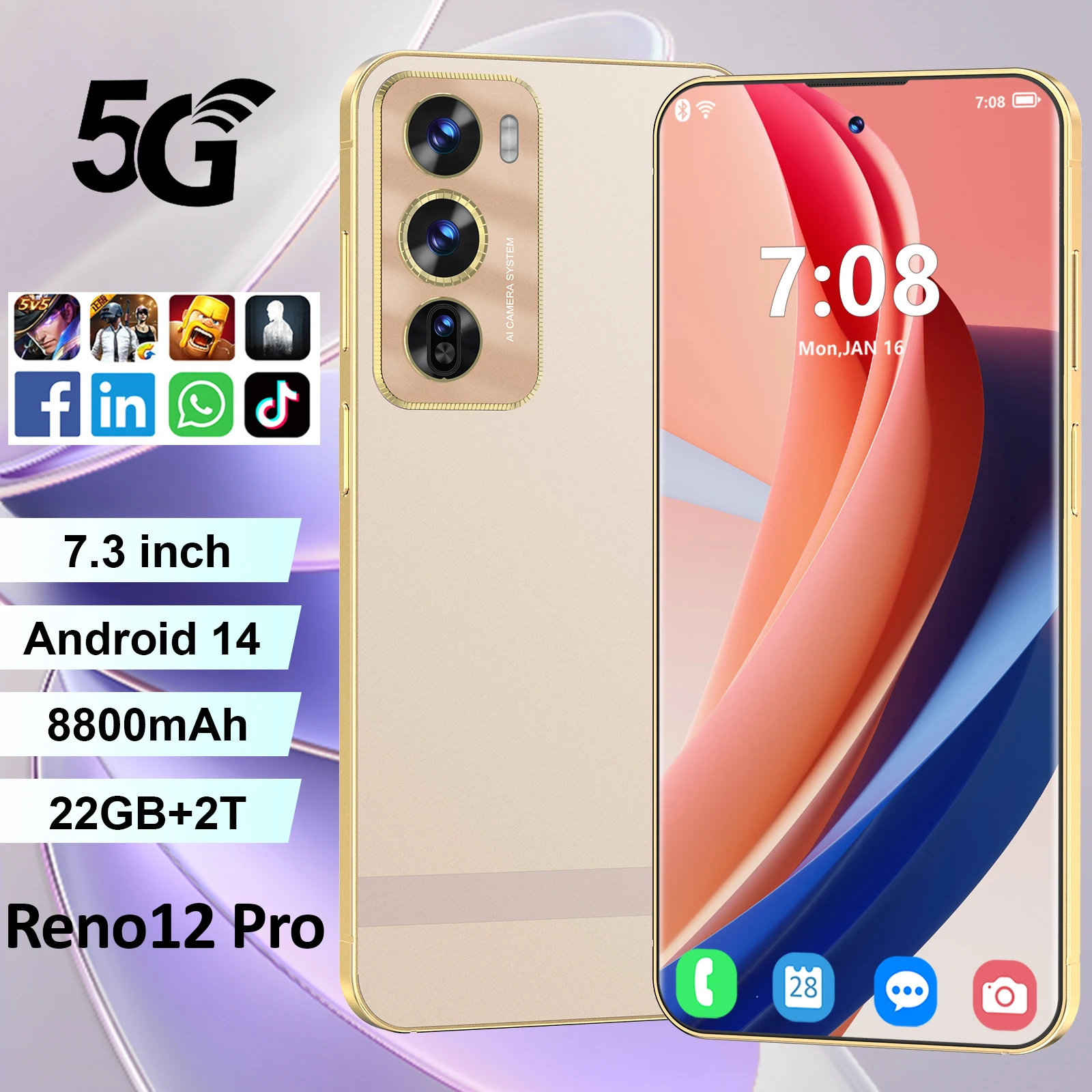 2025 Global Version Reno12 Pro Smartphone Snapdragon8 gen3 22G+2TB 7800mAh 78+108MP 4G/5G Network Cellphone Android Mobile Phone