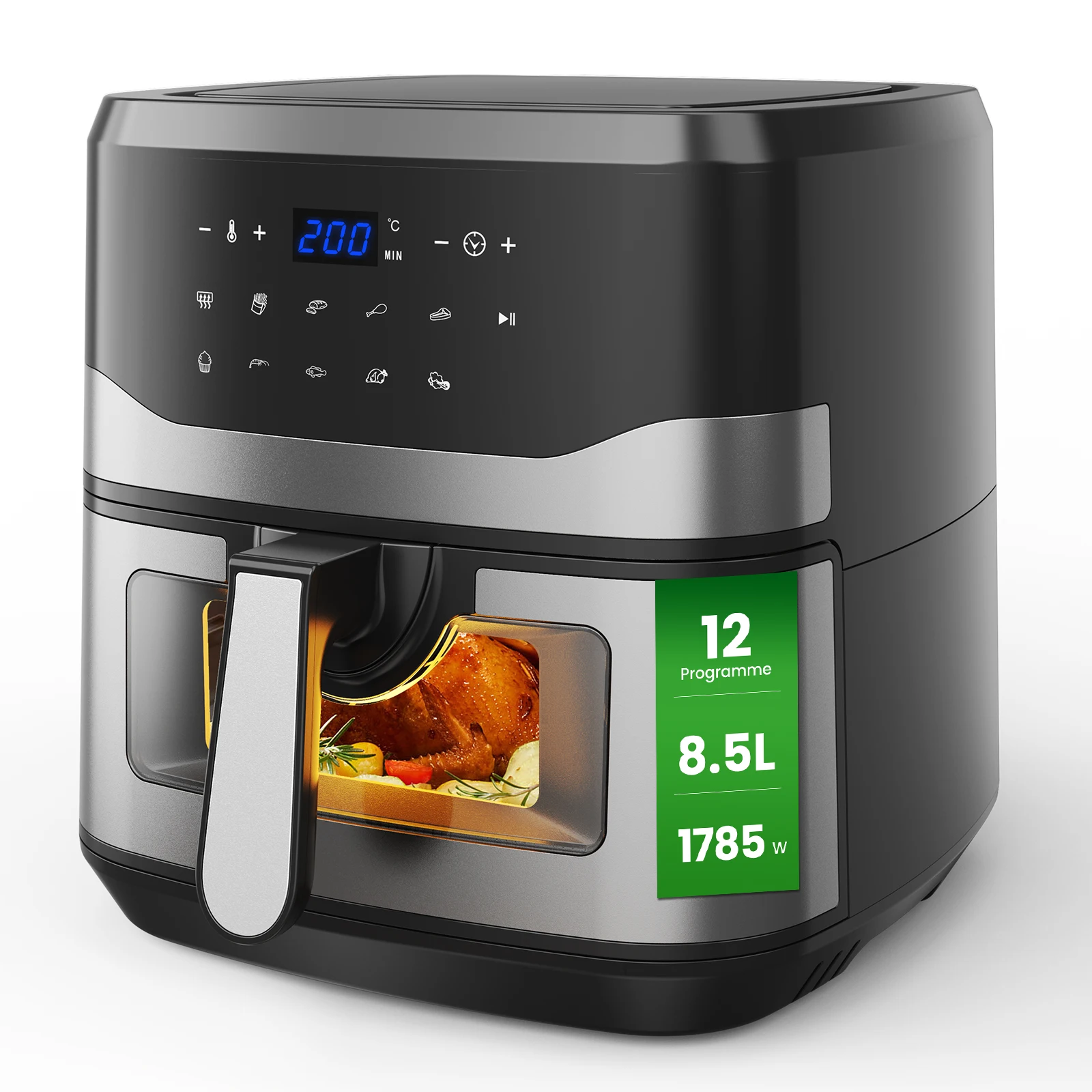 1785W 8.5L XL Digital Air Fryer with Viewing Window & 9 Programs – Oil-Free, Energy Saving Family Cooker