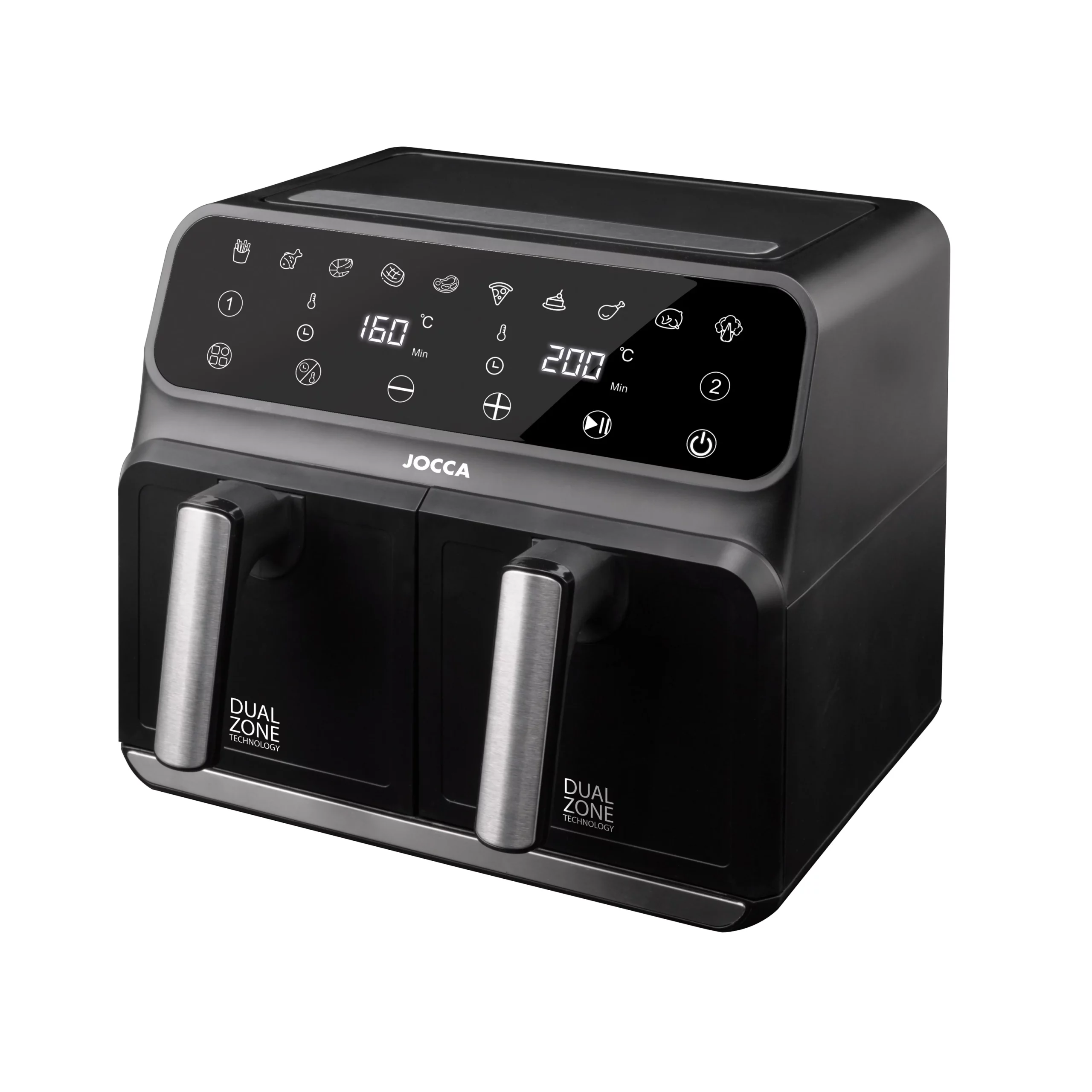 Jocca double air fryer (4L + 4L) with 1700W power, LED touch screen, 10 programs, temperature 80-200 °C, 60min timer, automatic shutdown and cold touch handle. Healthy Cooking Without Oil