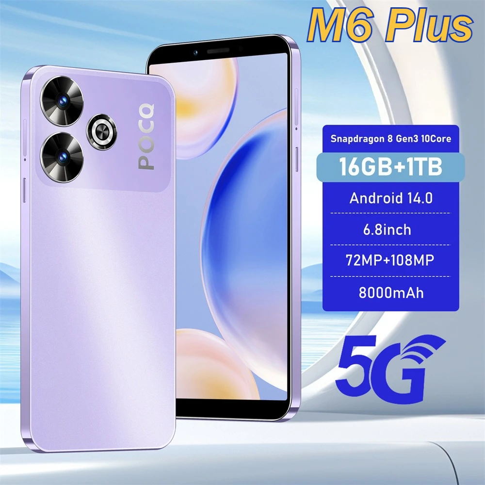 2025 New M6 Plus Original 6.8inch Smartphone 5G Dual SIM Mobile Phones 108MP Face ID Cellphones 8000mAh Android 14 Cell Phone