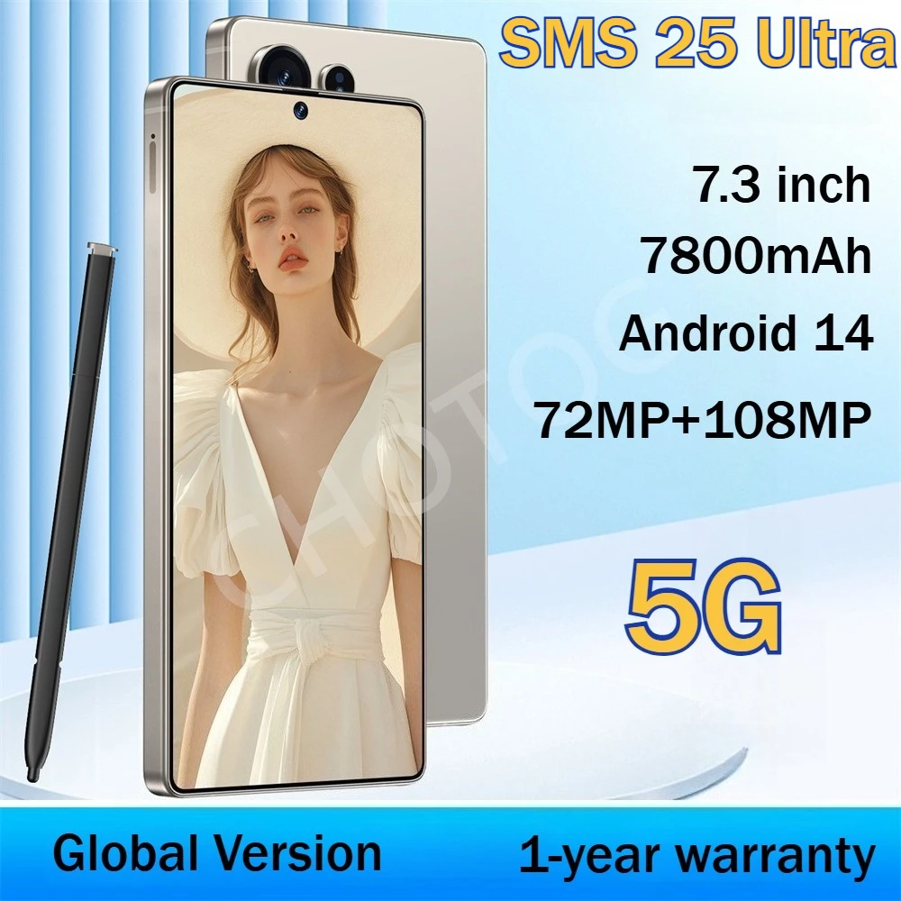 2025 New SMS 25 Ultra Original 7.3HD Mobile Phones 5G Dual Sim Smartphone Android Global Version Cell Phone 7800mAh Cellphones