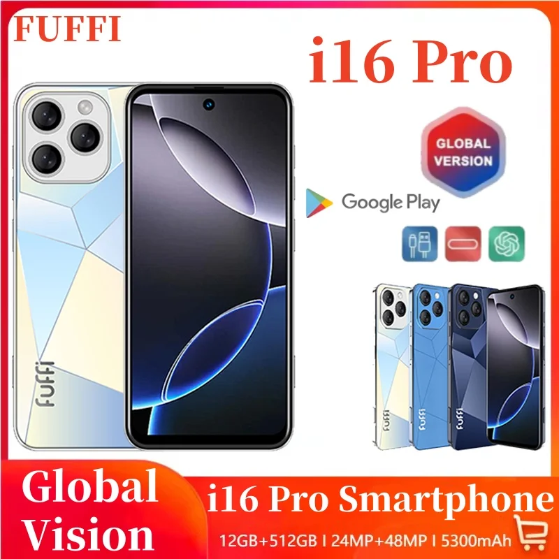 Global Vision I16 Pro Smartphone 5G Android 5300mAH 12GB RAM 512G ROM 6.56Inch 1080x2640HD 24+48MP MTK10 4G Network Mobile Phone