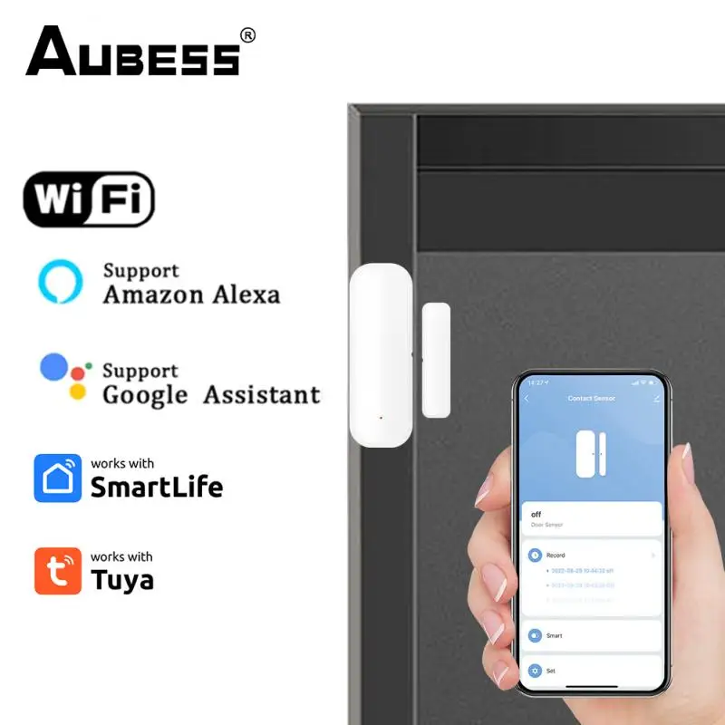 AUBESS Tuya Smart WiFi Door/Window Sensor Door Magnetic Alarm Detector Smart Home Automation Work With Alexa Google SmartLife