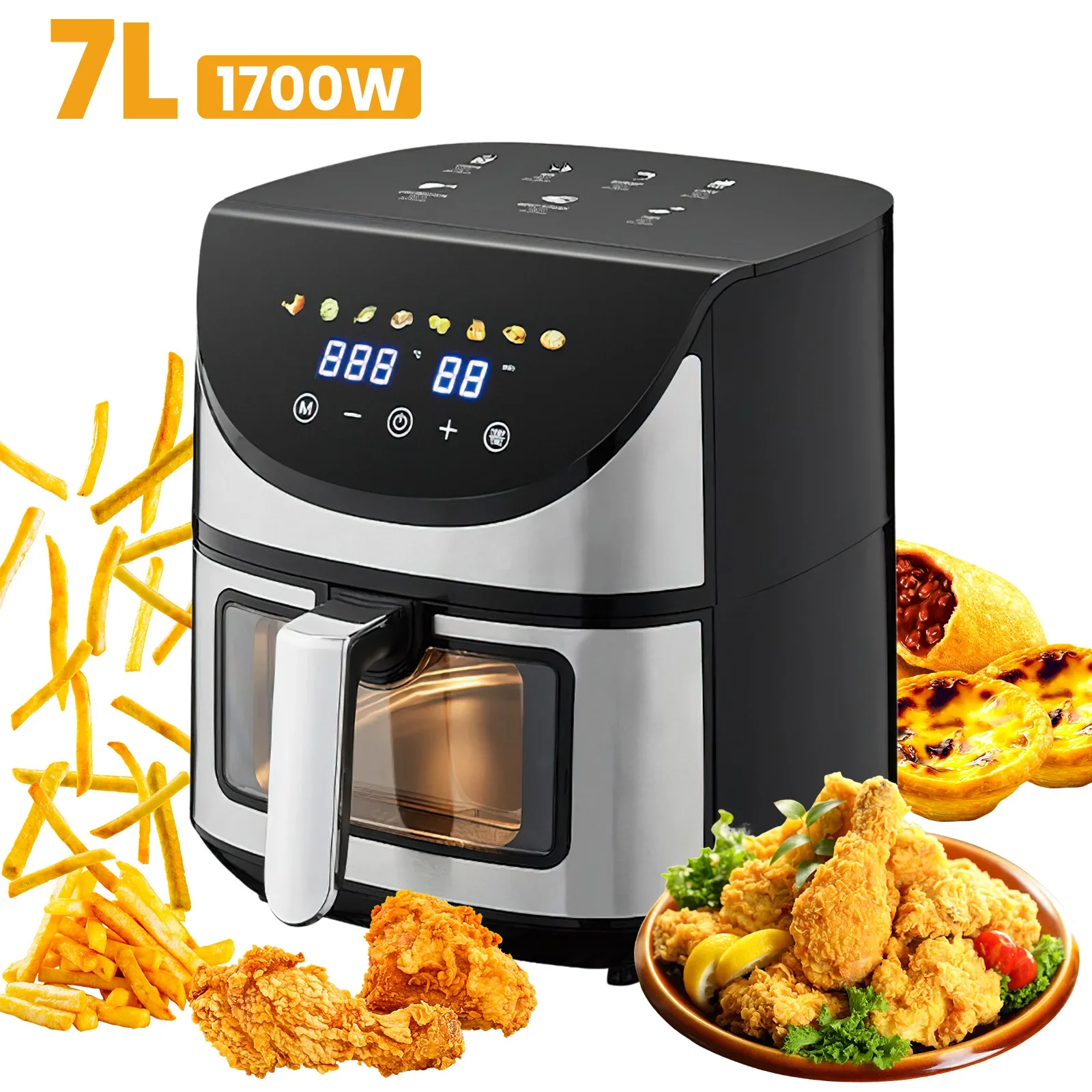 1700W Air Fryer 7L Stainless Steel Visible Large Capacity Electric Oven LCD Display Touch Screen Multifunctional Electric Fryer
