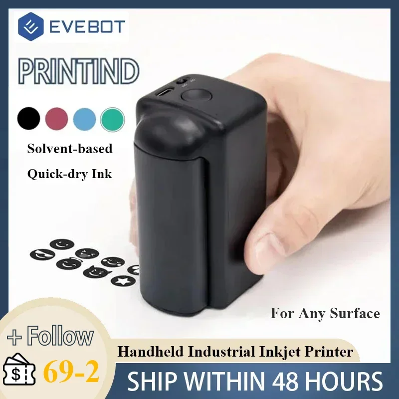 EVEBOT PRINTIND Portable Handheld Industrial Inkjet Printer Bluetooth Wireless Smart Mini Printer Quick-dry Ink (Permanent Ink)