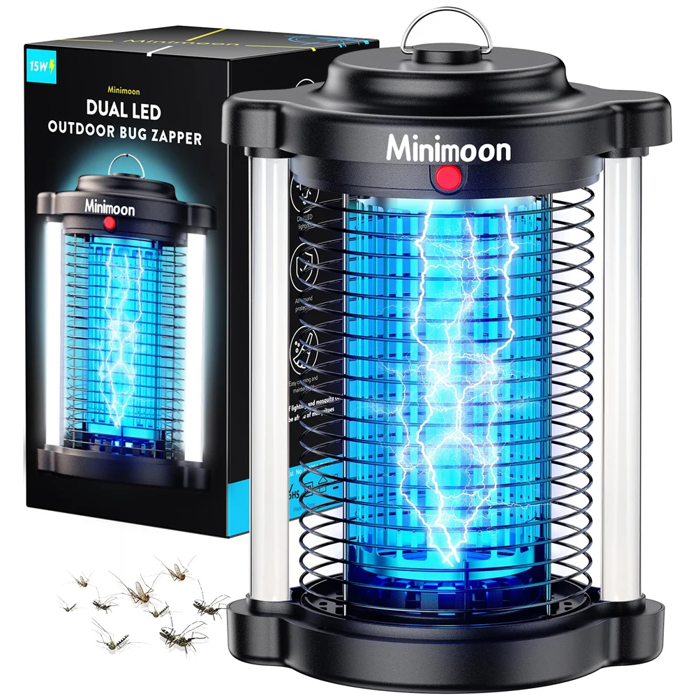 Minimoon Bug Zapper Outdoor,Mosquito Zapper with Dual LED Light,4200V Fly Zapper,15W Electric Fly Traps Outdoor, Insect Trap