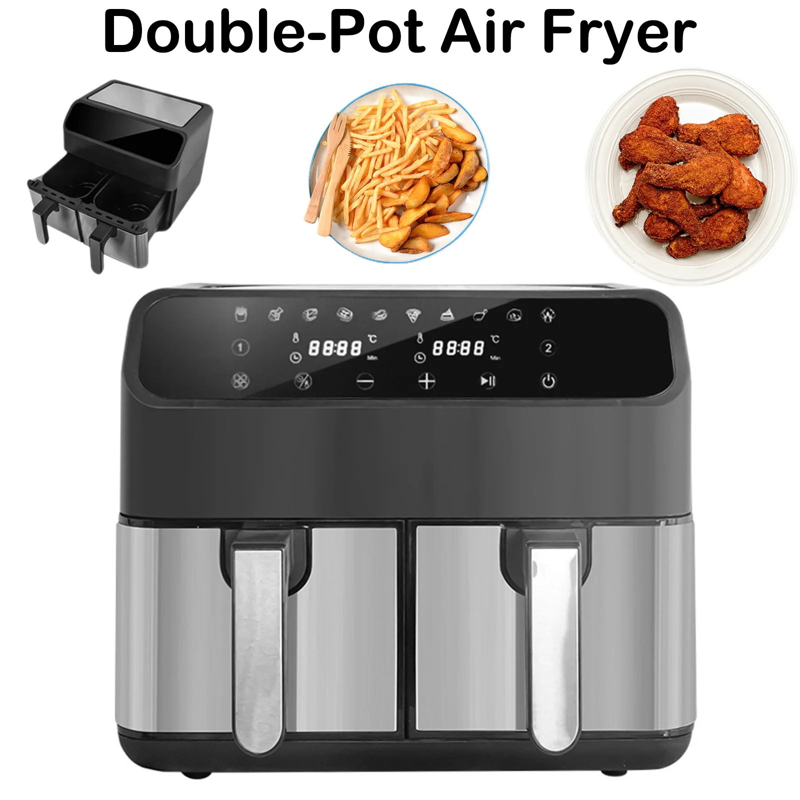 2000w 8l Hot Air Fryer Double Bedroom-2 Independent 4l Drawers Air Fryer Automatic Programs with LED Touch Set
