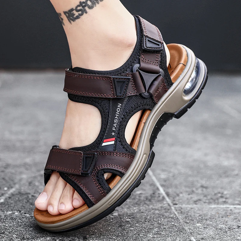Fashion Men’s Sandals Summer Soft Beach Flip Flop Comfortable Genuine Leather Sandals Outdoor Men Roman Sandals Size 46