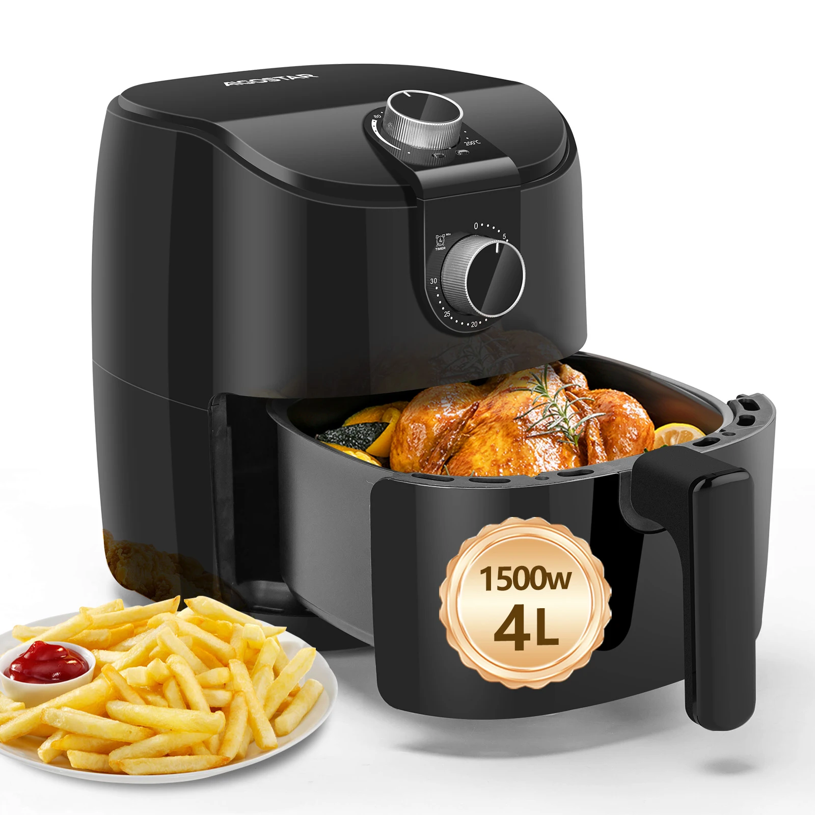 Air Fryer, 4L, Household Air Fryer 1500W with Fast Air Circulation, 30 Minute Timer, Adjustable Temperature, Black – Aigostar