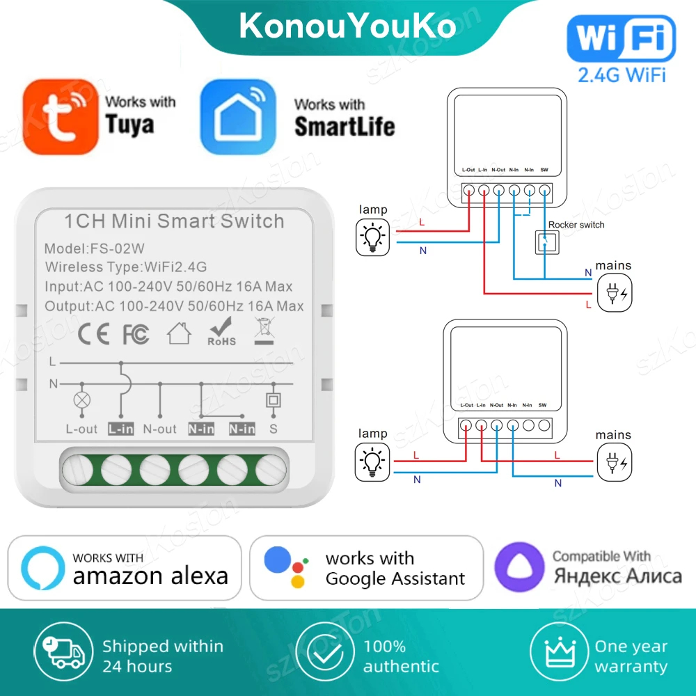 16A Tuya WiFi Smart Switch Module 2-way Control Smart Home Automation Mini Breaker Voice Control Works with Alexa Google Alice