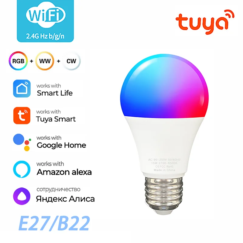 E27/B22 Tuya Wifi Smart Light Timer Dimmable RGBCW Music Scene Sync LED Bulb Work With Smart Life Alexa Google Home Yandex Alice