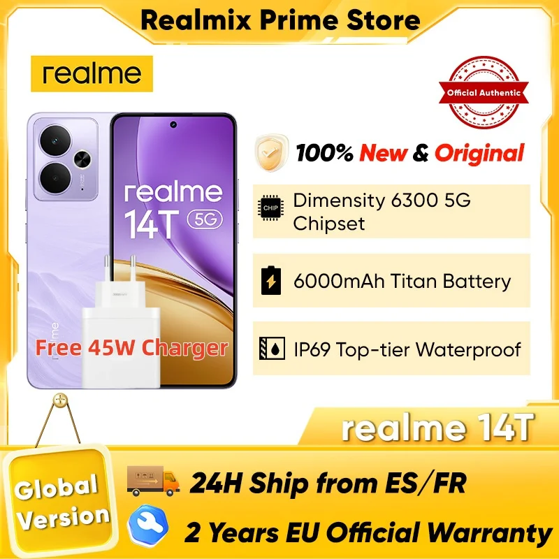 2025 World Premiere realme 14T 5G Smartphone MediaTek Dimensity 6300 6.67“ AMOLED 120Hz Display 6000mAh Battery 45W Fast Charge