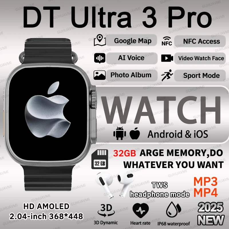Fashion NEW DT Ultra 3 32GB Smart Watch Google Map Music Video Player HD Bluetooth Call APP Store NFC Smart AI Voice Sport Watch