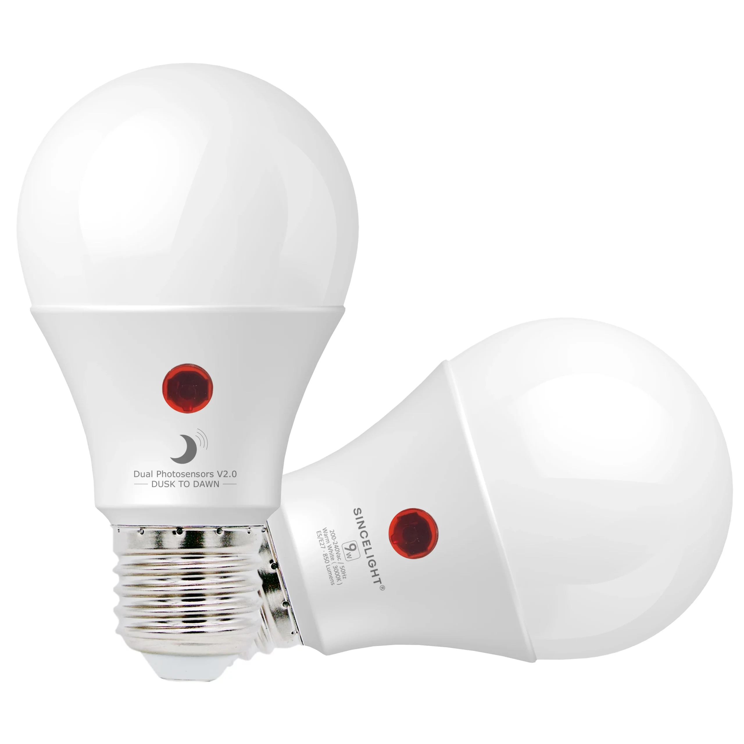 Pack of 2, E26/E27, 9W, Dusk to Dawn LED DayLight Sensor Bulb, Dual Photosensors, Automatic ON/OFF, Security Light For Outdoor