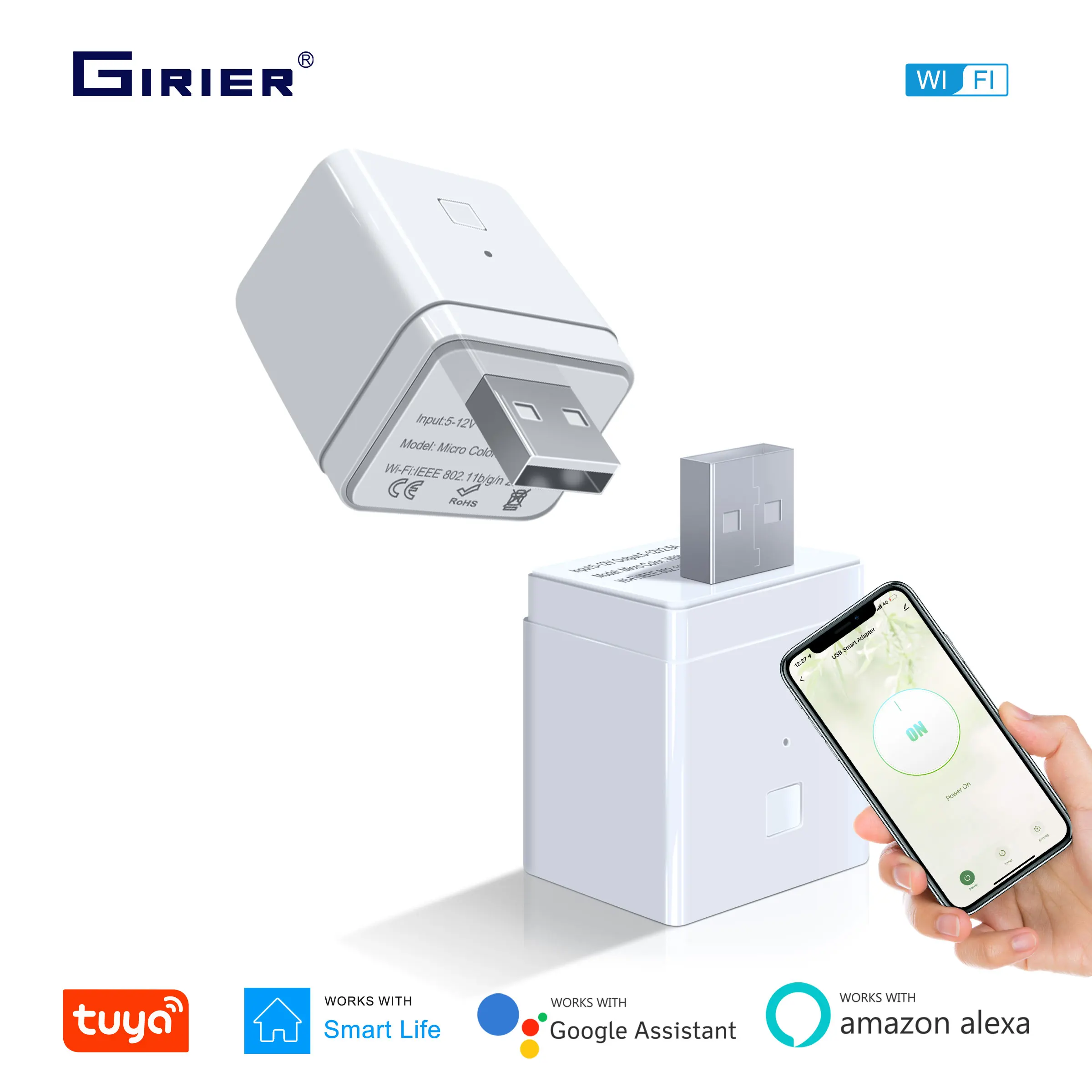 GIRIER Tuya Smart Micro USB Adaptor Switch 5V, WiFi Mini USB Power Adaptor Compatible with Alexa Hey Google for Home Automation