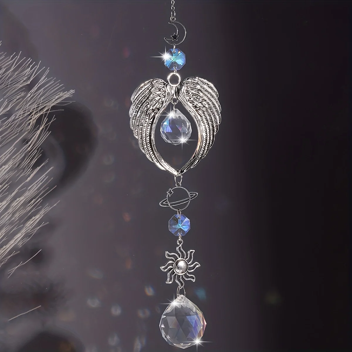 1pc Crystal Alloy Hanging Decoration Gift Angel Wings Home Gardening Decorative Glass Prism Wind Chime