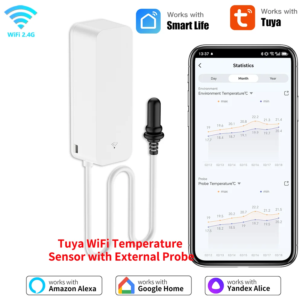 WiFi External Probe Temperature and Humidity Sensor APP Remote Smart Home Monitor Wrok With Alexa Google Home Tuya Smart Life