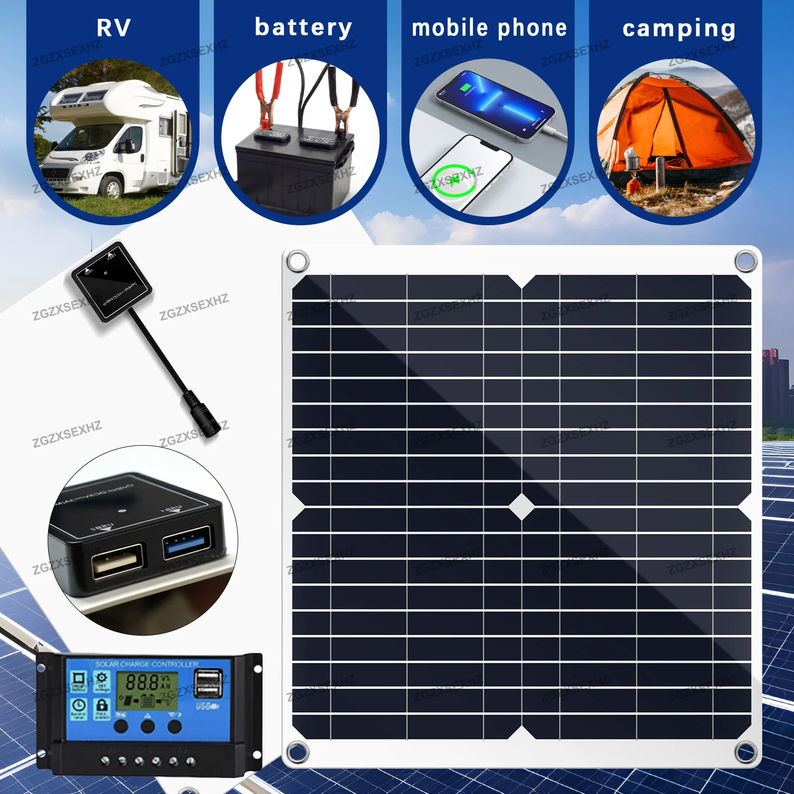 1000W Solar Panel 12V Solar Cell Controller Solar Plate Kit For Phone RV Car Waterproof Caravan Home Camping Outdoor Battery