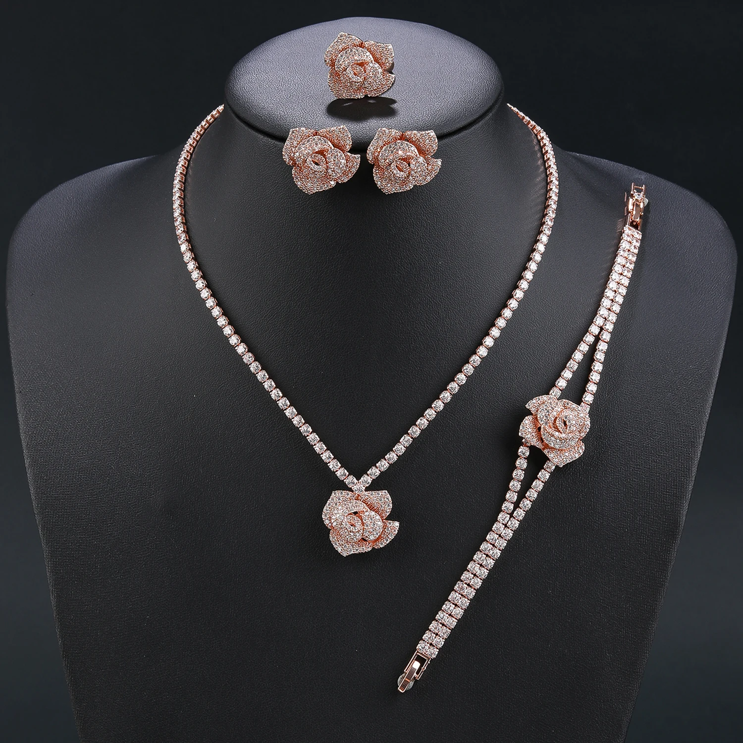 Fashion 4-piece Cubic Zirconia Rose Flower Pendant Necklace Earrings Bracelet Rings Set Bridal Wedding Jewelry Sets  CN10718F